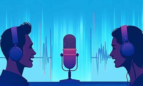 Illustration representing a podcast recording session with microphones
